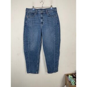 Old Navy High-Rise Barrel Leg Jeans Womens 16 Tall Medium Wash Baggy Seam Detail